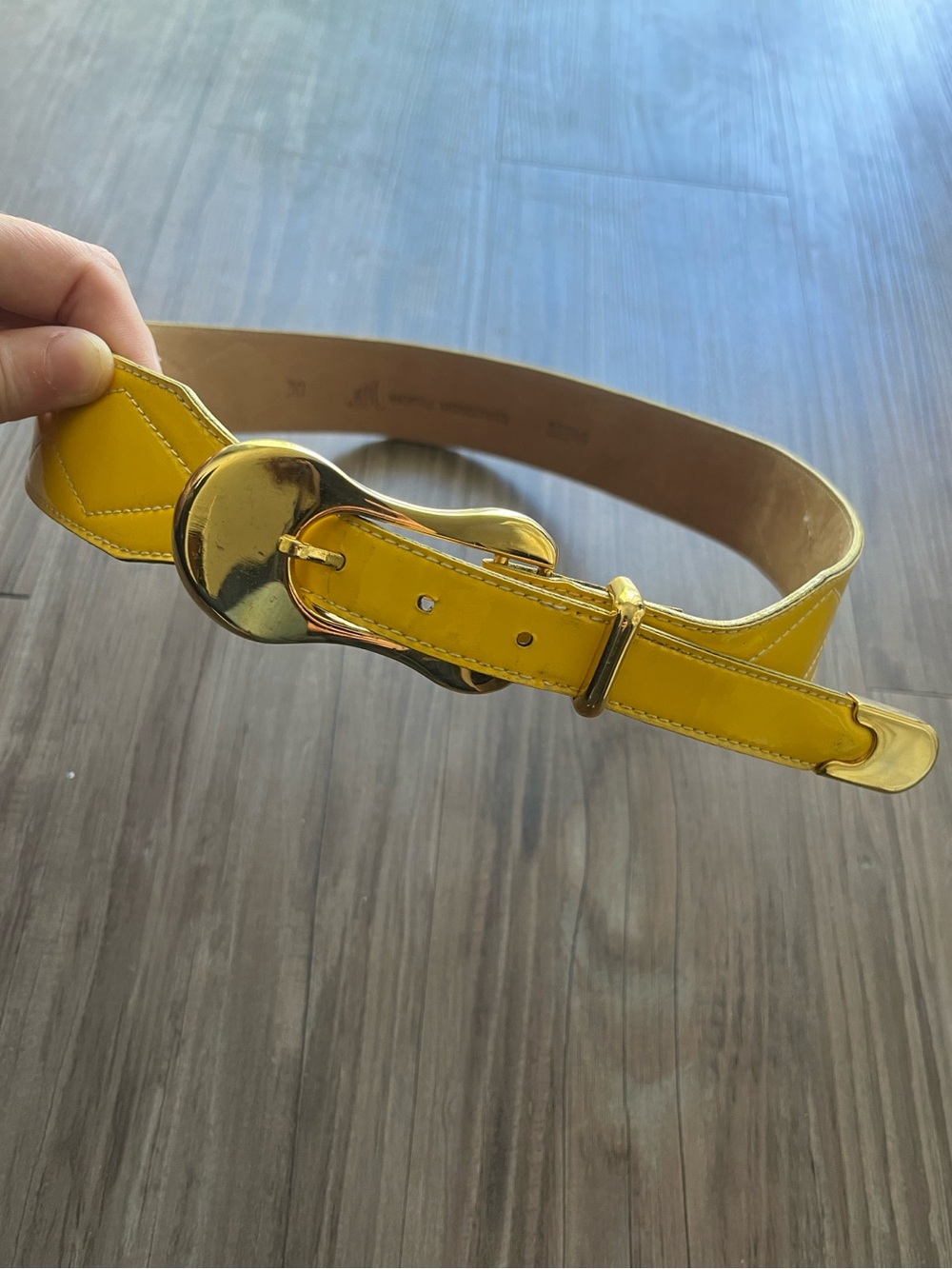 VTG Designer Yellow Patent Leather Belt Gold Trim Size M